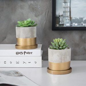 New Gray Cement & Gold-Tone Mini Planters